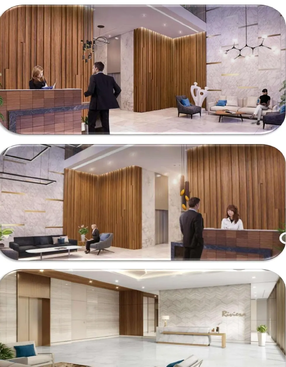 Premium lift lobby fit-out with timber wall cladding and a stone reception desk