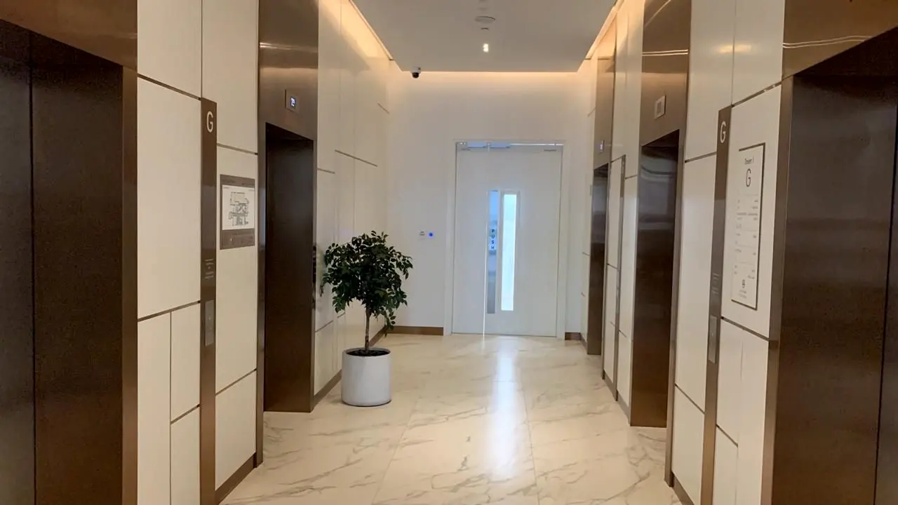 Emaar Beach Vista lift lobby with timber-framed portals and white wall panels