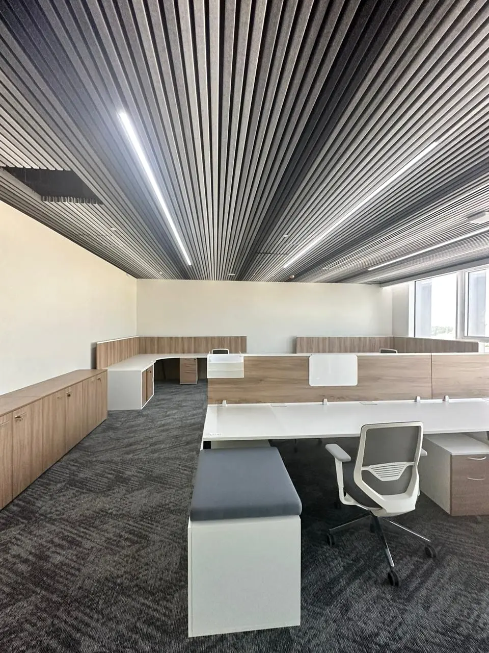Open-plan office under a slatted linear-lit ceiling