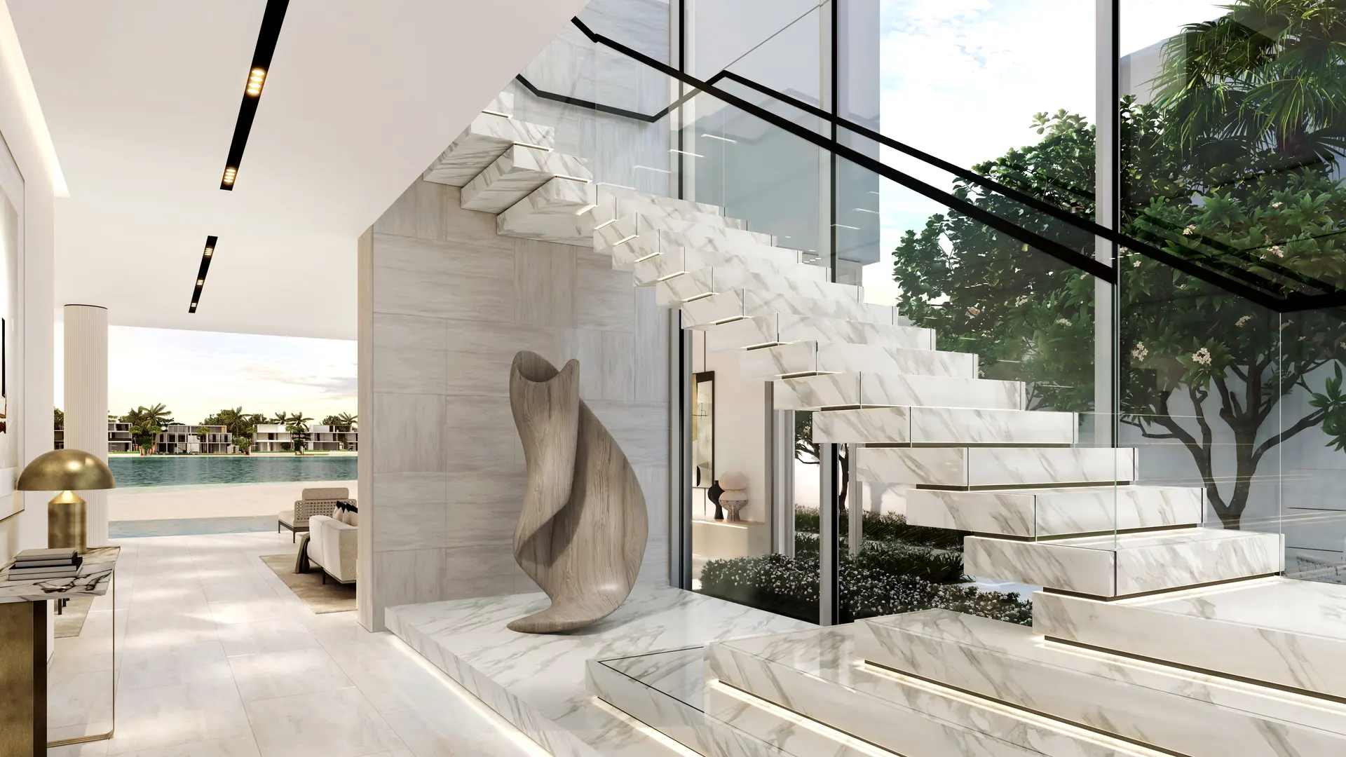 Palm Jabal Ali villa staircase with floating marble treads and a glass balustrade overlooking the water (design render)
