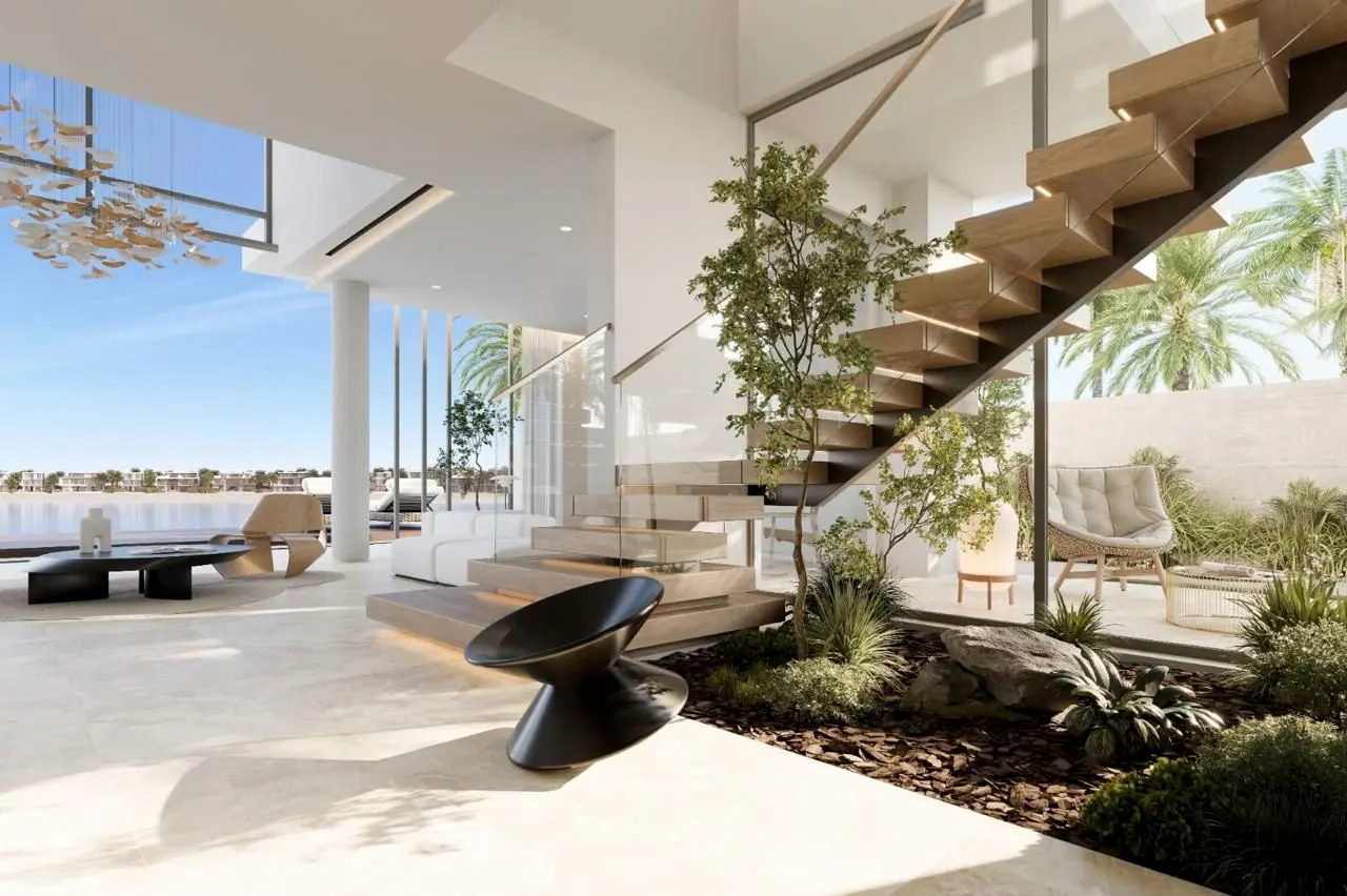 Cantilevered timber staircase beside an internal garden in a Palm Jabal Ali villa (design render)