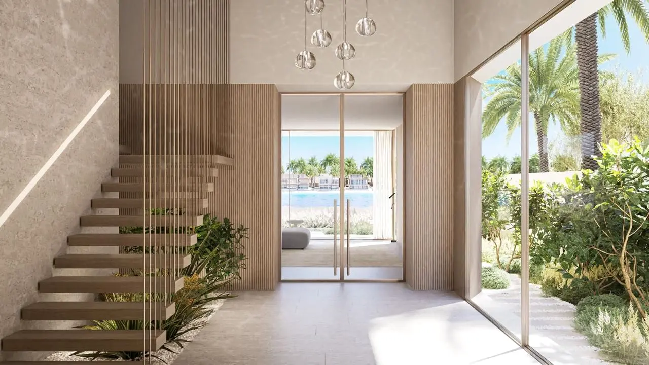 Entrance hall with a floating timber stair and full-height glazing to the garden (design render)