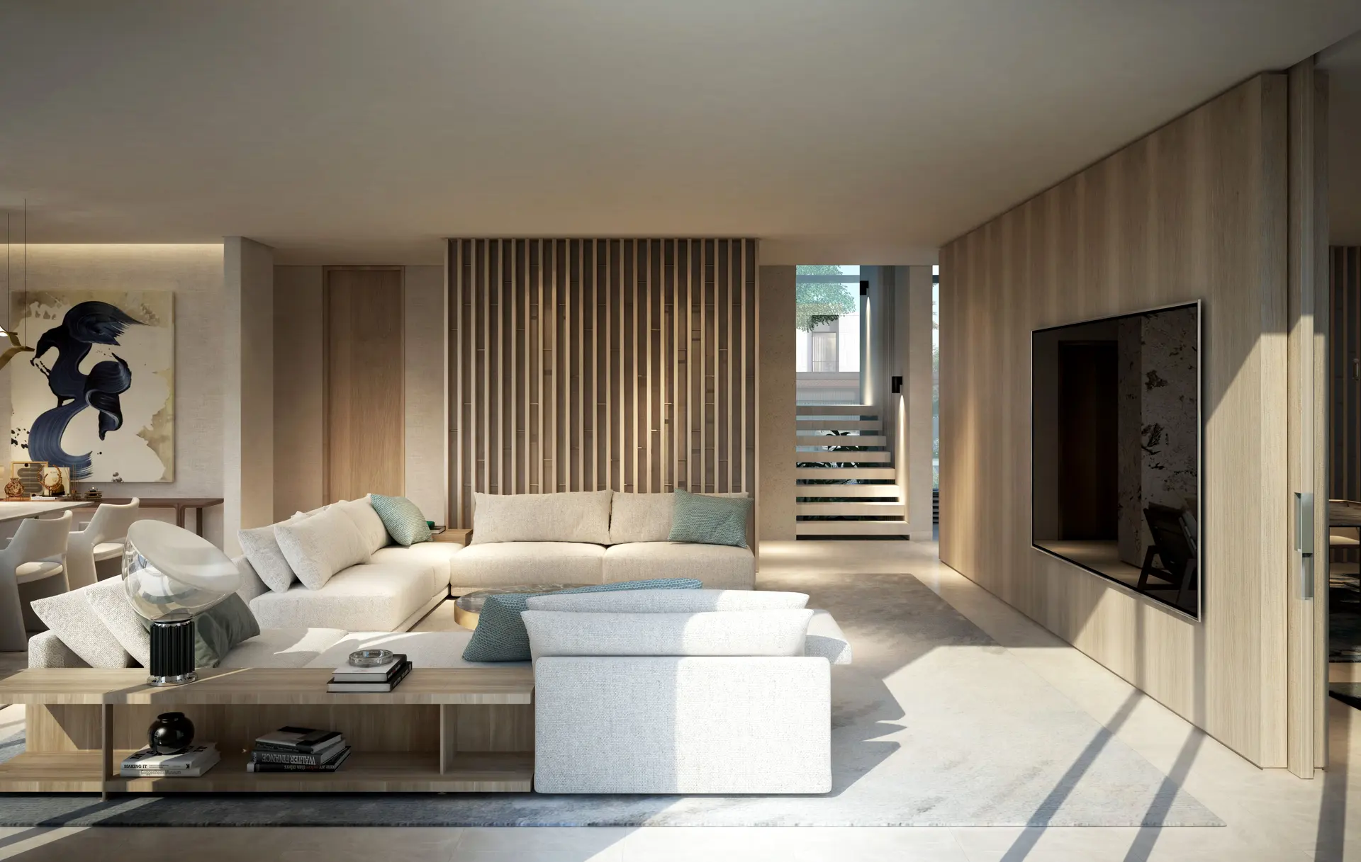 Villa living room with timber-slat wall and staircase beyond (design render)