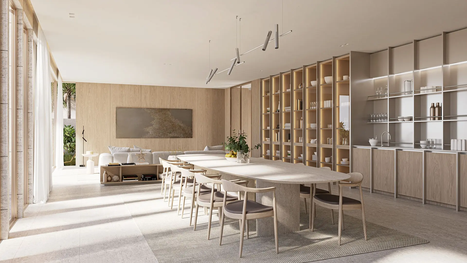 Long living and dining space with full-height joinery (design render)