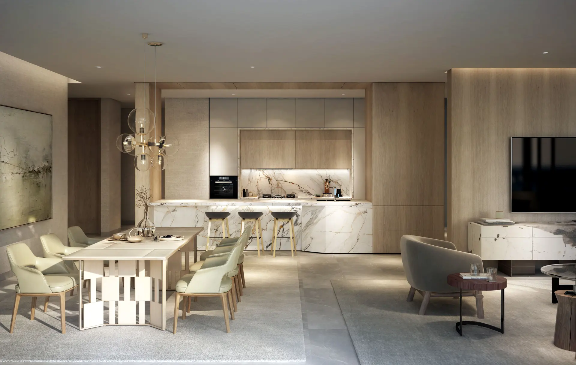 Dining room and kitchen with timber joinery (design render)