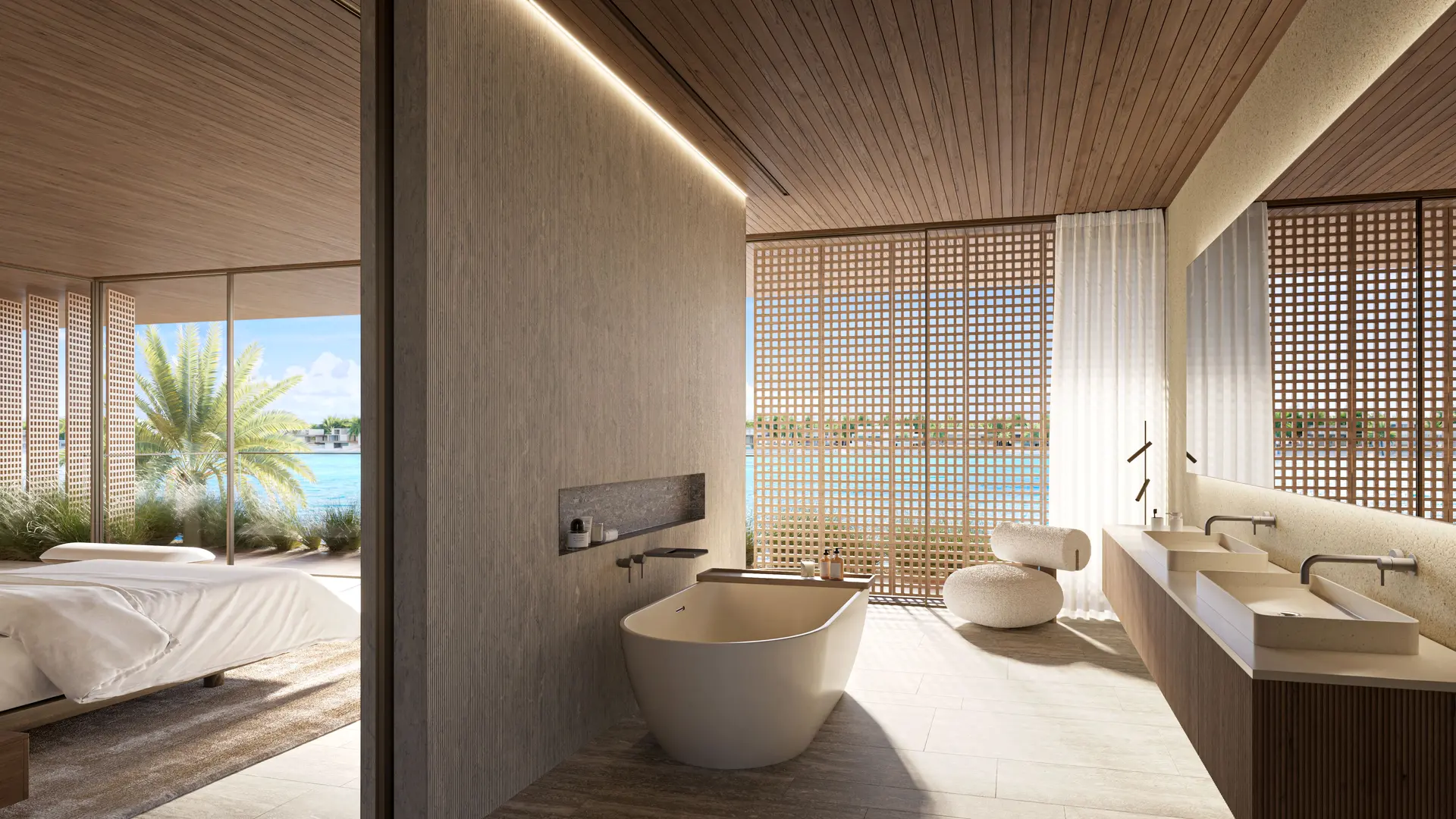 Master bathroom with timber ceiling and sea view (design render)