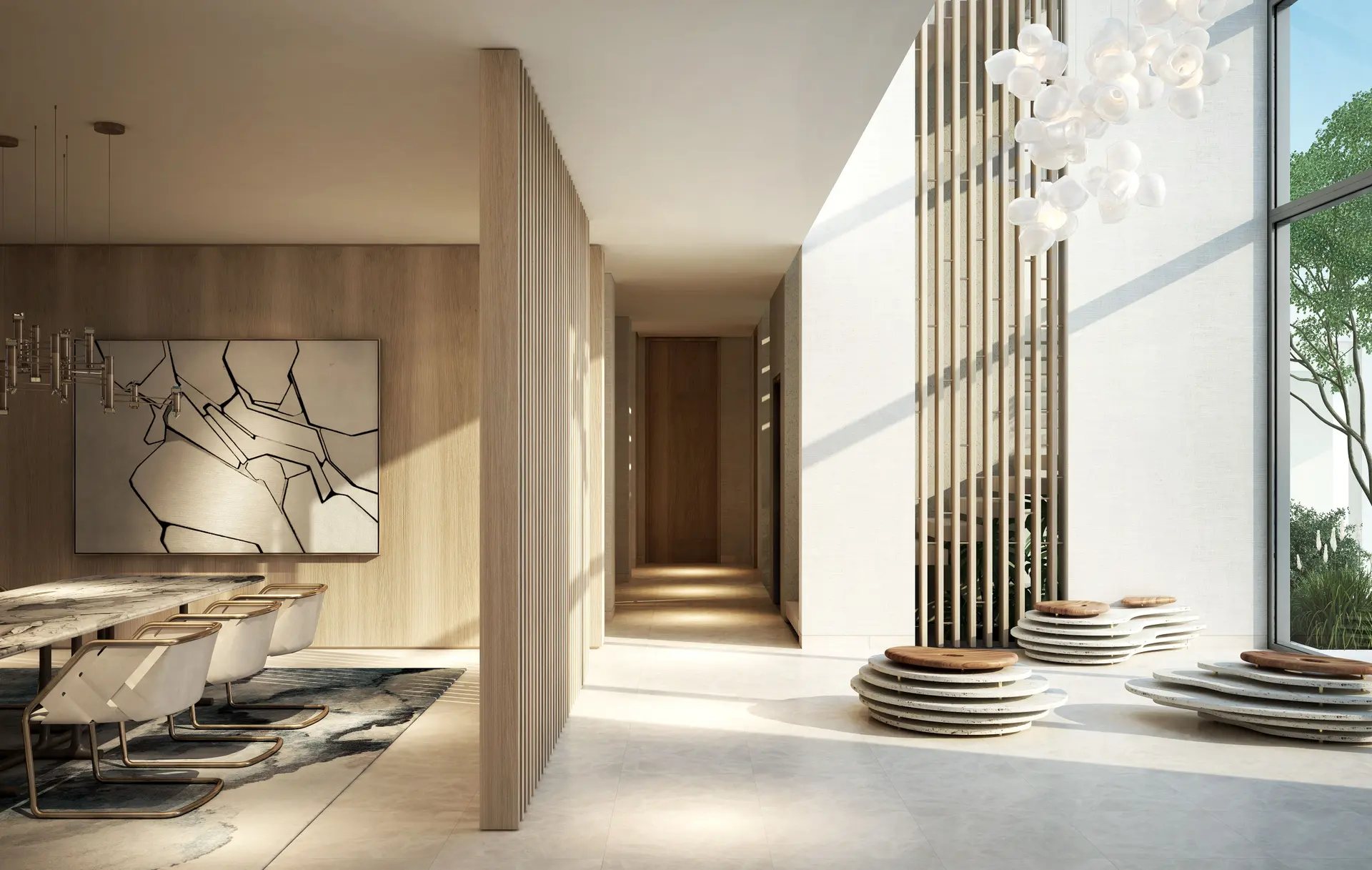 Villa entrance with vertical timber fins and feature lighting (design render)