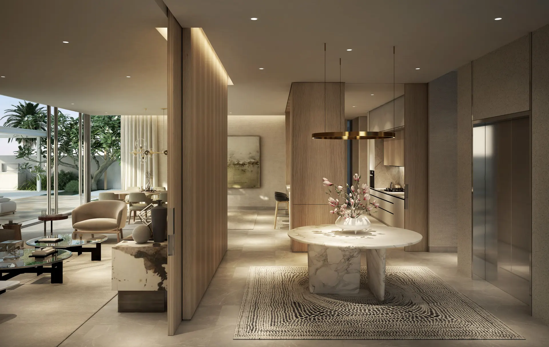 Entrance lounge with timber wall panels and sea view (design render)