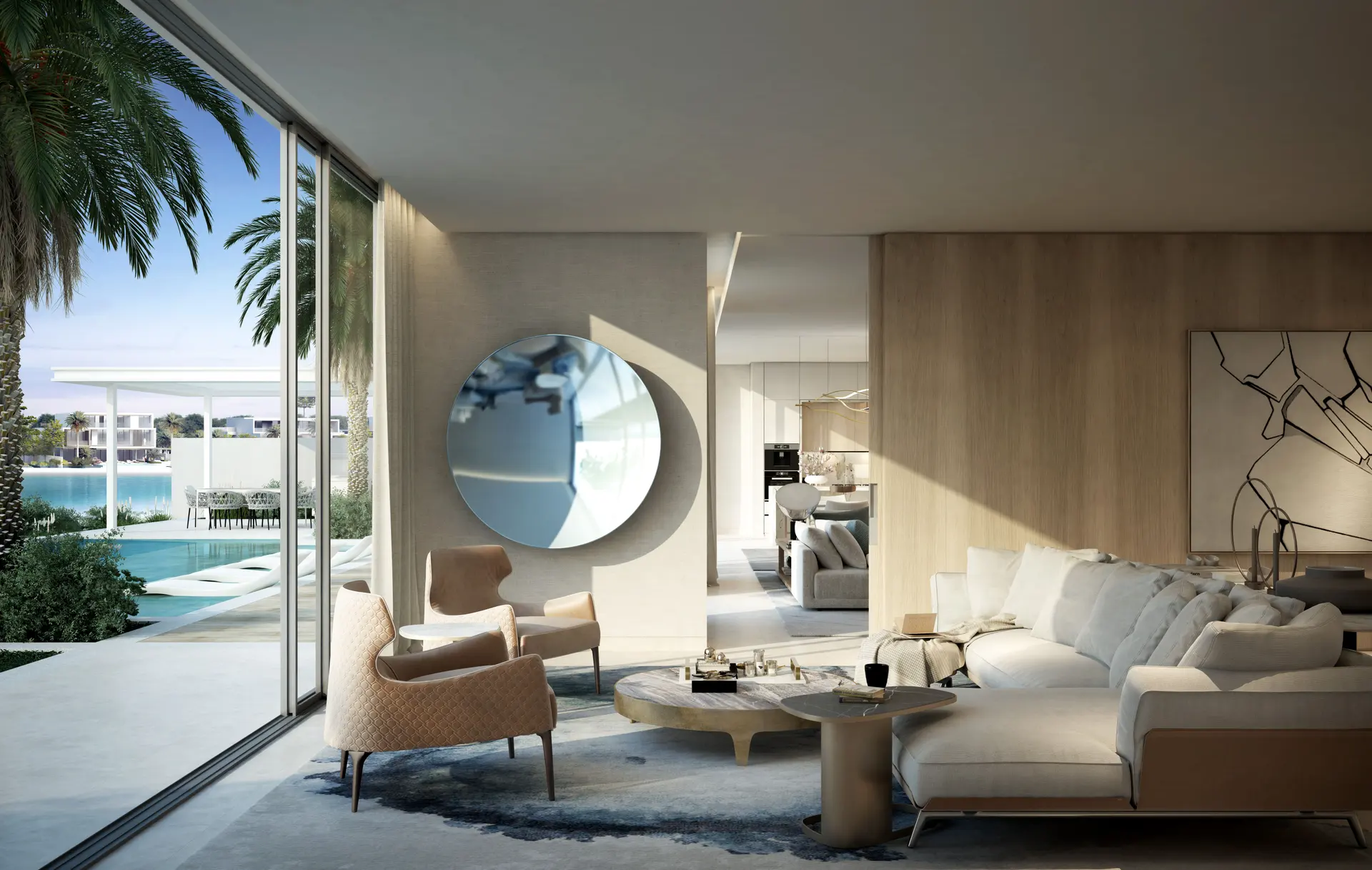 Majlis with a round feature mirror and pool terrace (design render)