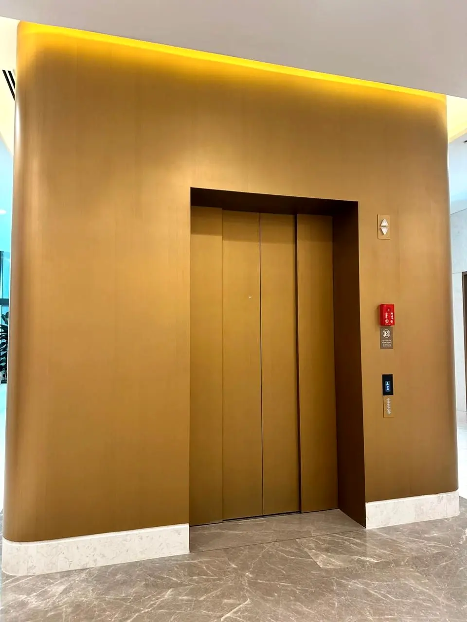 Bronze-finish lift portal with cove-lit ceiling