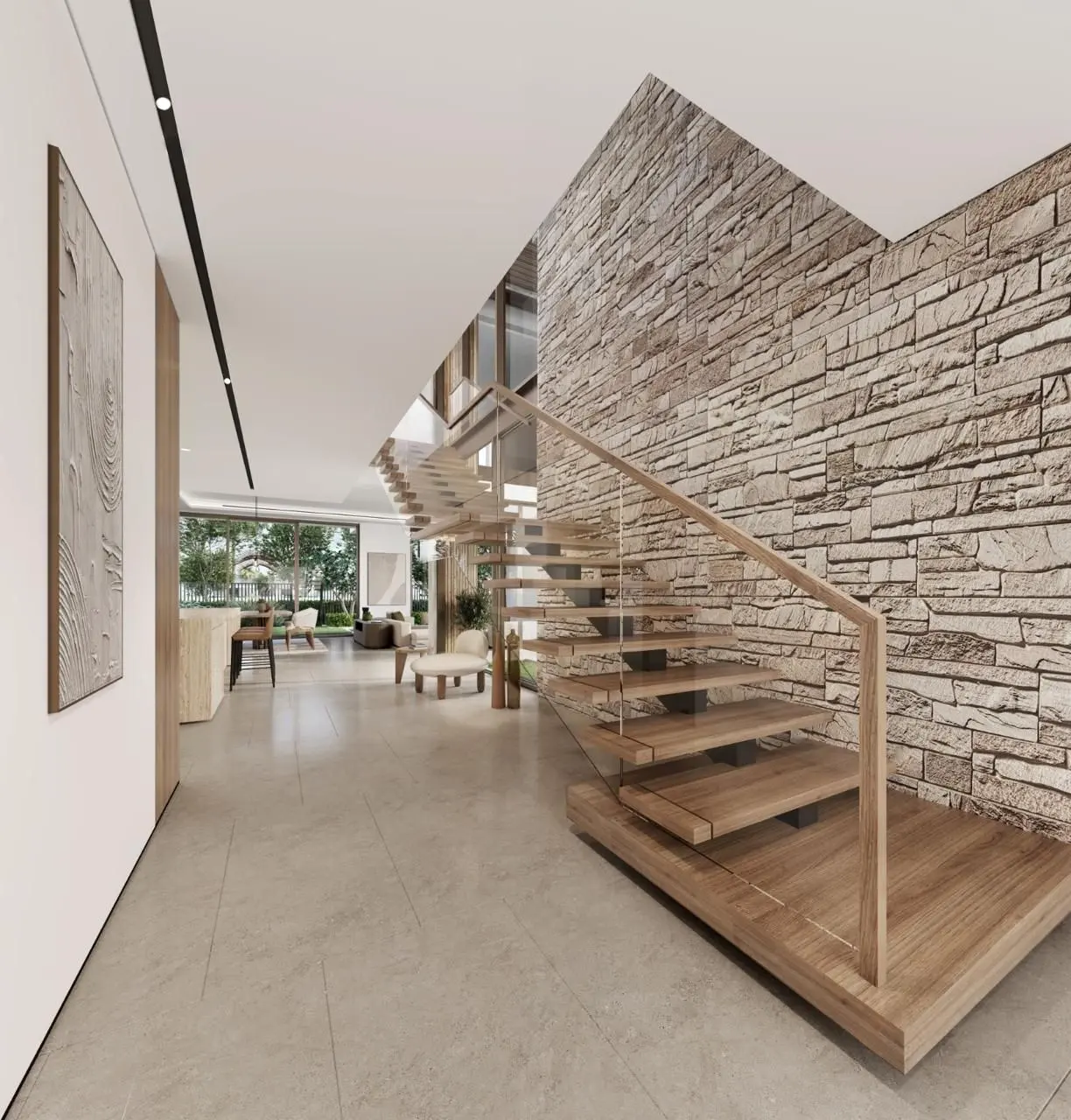 Floating timber staircase with glass balustrade against a stone feature wall at The Acres (design render)