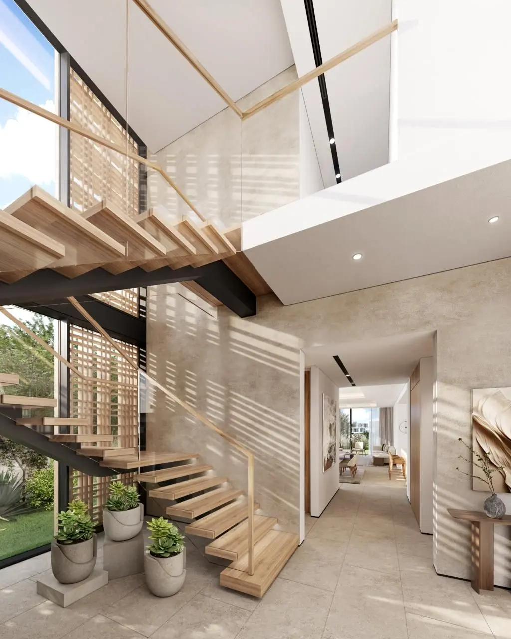 Floating timber stair beside an internal garden at The Acres (design render)