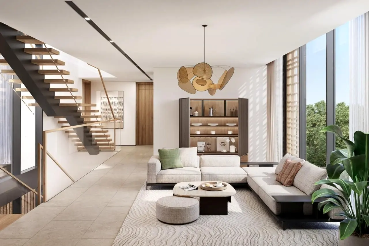 Villa living room with a floating staircase (design render)